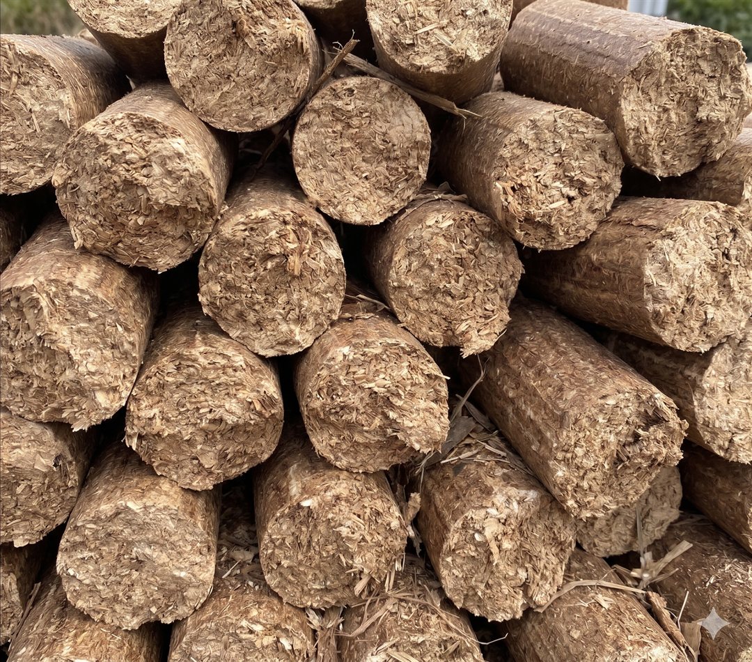 Three solid cylindrical wooden briquettes stacked in a pyramid